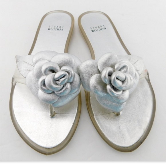 STUART WEITZMAN Silver Floral Thong Flat Sandals 6 - Picture 2 of 6